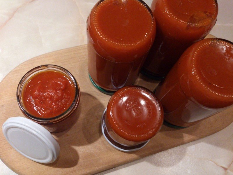 organic ketchup in glass bottle